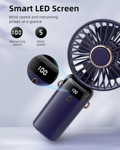 Portable Rechargeable Mini Fan with Digital Display - Foldable 5 Speed Levels